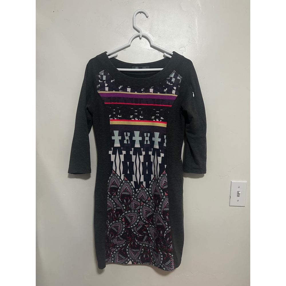 Title Nine Women Charcoal Grey Geometric Tribal Print 3/4 Sleeve Pocket Dress